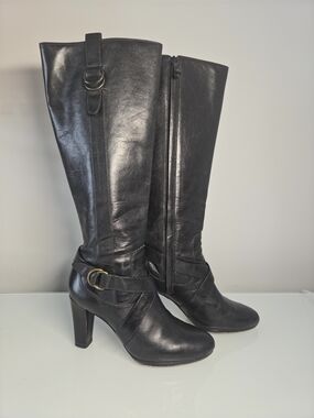 Cole Haan Black Leather Knee-High Heeled Boots with Buckle